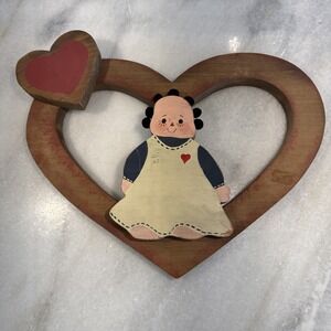 Vintage Folk Art Wood Wall Hanging Heart With Country Girl‎